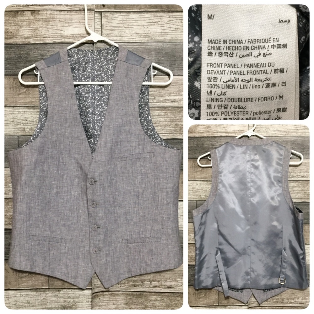Bar III Slim Fit Linen Suit Vest Waistcoat Men’s M Gray Button Front